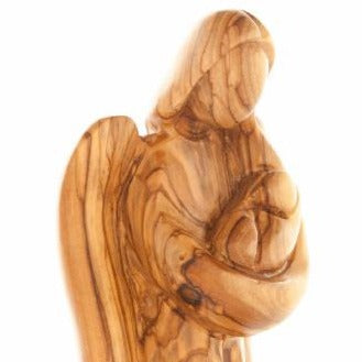 Angel olive wood statue hand carved in Bethlehem, 7.9 inch top angle showing detail of the craftsmanship