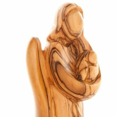 Angel olive wood statue hand carved in Bethlehem, 6.3 inch three quarter view of the religious piece