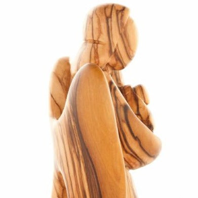 Angel olive wood statue hand carved in Bethlehem, 6.3 inch close detail of the hand carved work
