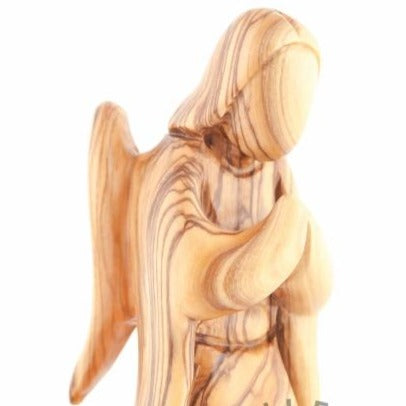 Olive wood nativity scene hand carved in Bethlehem, 6.1 inch three quarter view of the religious piece