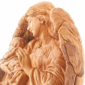 Olive Wood Guardian Angel with Baby Jesus Statue - Statuettes - Bethlehem Handicrafts