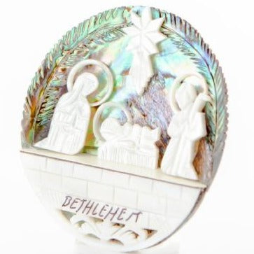 Olive wood nativity scene hand carved in Bethlehem, three quarter view of the religious piece