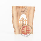 Olive wood Christmas ornament hand carved in Bethlehem, close detail of the hand carved work