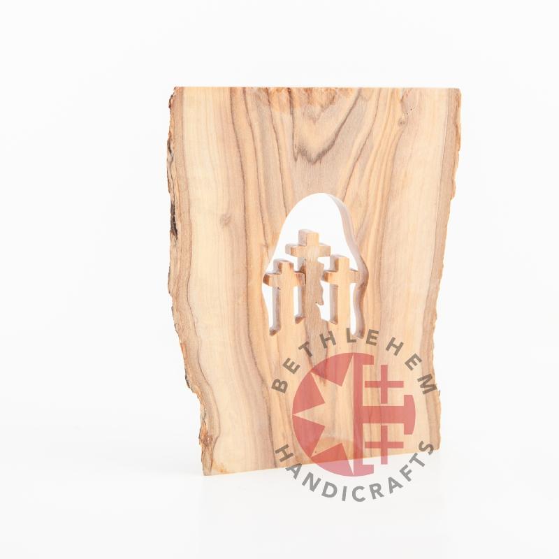 Olive wood Christmas ornament hand carved in Bethlehem, opposite side angle of the religious sculpture