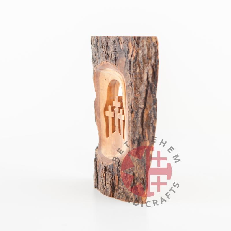 Olive wood Christmas ornament hand carved in Bethlehem, close detail of the carved hands