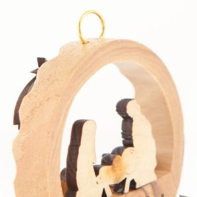 Round Laser Engraved Olive Wood Nativity Scene Ornament - Specialty - Bethlehem Handicrafts