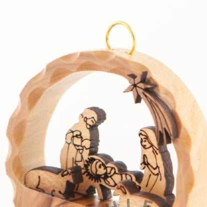 Round Laser Engraved Olive Wood Nativity Scene Ornament - Specialty - Bethlehem Handicrafts