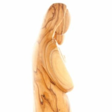 Virgin Mary olive wood statue from Bethlehem hand carved, back view of the olive wood sculpture