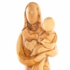 Virgin Mary olive wood statue from Bethlehem hand carved, three quarter view of the religious piece