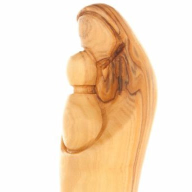 Virgin Mary olive wood statue from Bethlehem hand carved, 9.1 inch three quarter view of the religious piece