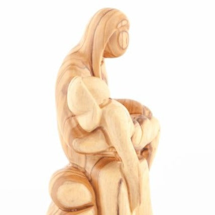 Pieta statue hand carved from Bethlehem olive wood, 6.3 inch close detail of the hand carved work