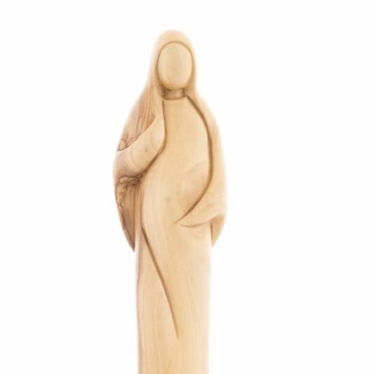 Our Lady olive wood statue from Bethlehem hand carved, 11 inch three quarter view of the religious piece