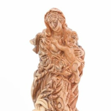 Virgin Mary olive wood statue from Bethlehem hand carved, 14.25 inch side angle of the olive wood sculpture