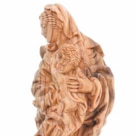Virgin Mary olive wood statue from Bethlehem hand carved, 14.25 inch three quarter view of the religious piece