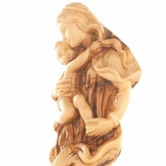 Virgin Mary olive wood statue from Bethlehem hand carved, 11.4 inch back view of the olive wood sculpture