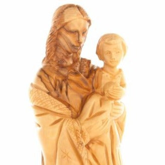 Virgin Mary olive wood statue from Bethlehem hand carved, 10 inch close detail of the hand carved work