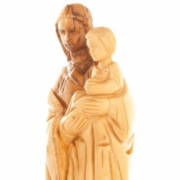 Virgin Mary olive wood statue from Bethlehem hand carved, 10 inch three quarter view of the religious piece