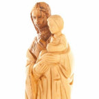 Virgin Mary olive wood statue from Bethlehem hand carved, 10 inch three quarter view of the religious piece
