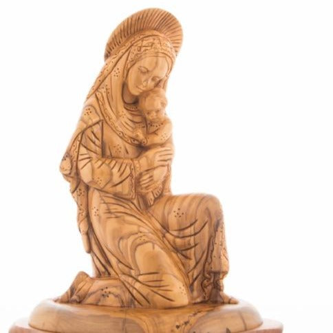 Virgin Mary olive wood statue from Bethlehem hand carved, 10.4 inch back view of the olive wood sculpture
