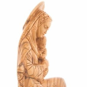 Virgin Mary olive wood statue from Bethlehem hand carved, 10.4 inch detail of the carved figure