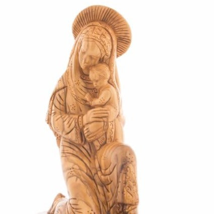 Virgin Mary olive wood statue from Bethlehem hand carved, 10.4 inch close detail of the hand carved work