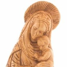 Virgin Mary olive wood statue from Bethlehem hand carved, 10.4 inch lifestyle photo on display