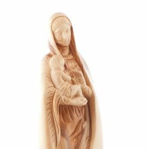 Virgin Mary olive wood statue from Bethlehem hand carved, 15 inch three quarter view of the religious piece