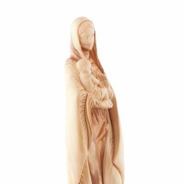 Virgin Mary olive wood statue from Bethlehem hand carved, 15 inch close detail of the hand carved work