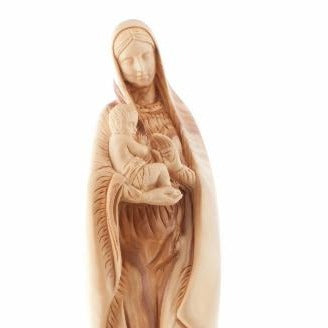 Virgin Mary olive wood statue from Bethlehem hand carved, 15 inch top angle showing detail of the craftsmanship