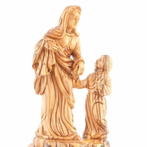 Virgin Mary olive wood statue from Bethlehem hand carved, 9.8 inch three quarter view of the religious piece