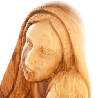 Virgin Mary olive wood statue from Bethlehem hand carved, 6.5 inch top angle showing detail of the craftsmanship