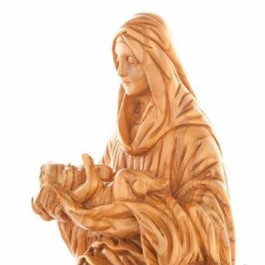 Virgin Mary olive wood statue from Bethlehem hand carved, 8.1 inch three quarter view of the religious piece
