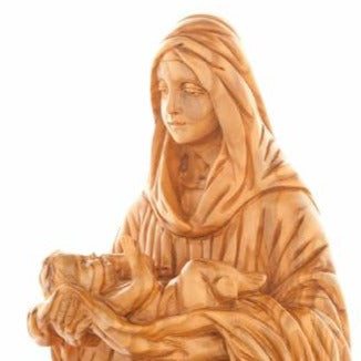 Virgin Mary olive wood statue from Bethlehem hand carved, 8.1 inch close up showing the olive wood grain
