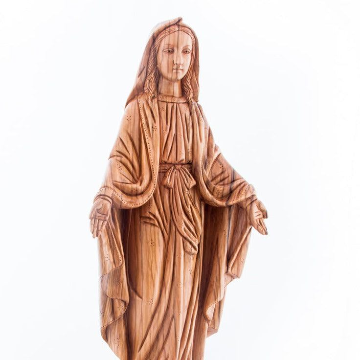 Our Lady olive wood statue from Bethlehem hand carved, 22.8 inch natural light photo of the piece