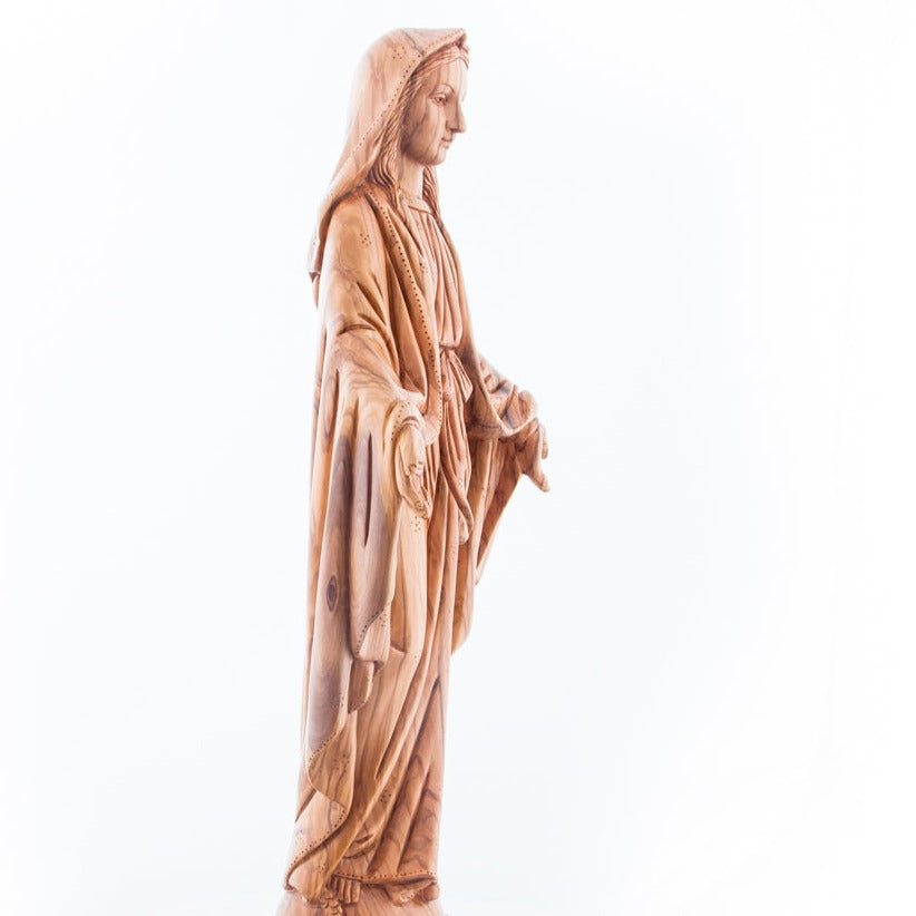 Our Lady olive wood statue from Bethlehem hand carved, 22.8 inch opposite side angle of the religious sculpture