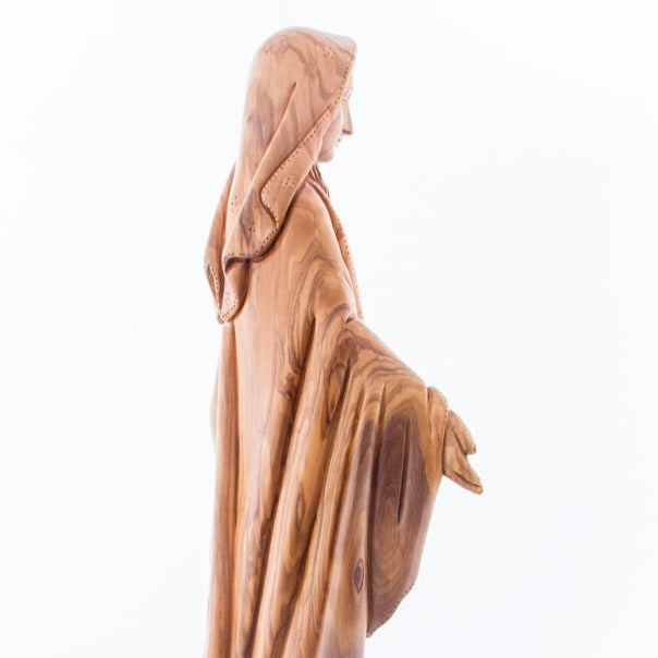 Our Lady olive wood statue from Bethlehem hand carved, 22.8 inch full height view of the masterpiece