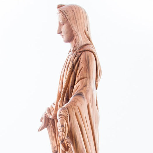 Our Lady olive wood statue from Bethlehem hand carved, 22.8 inch display angle of the Holy Land piece