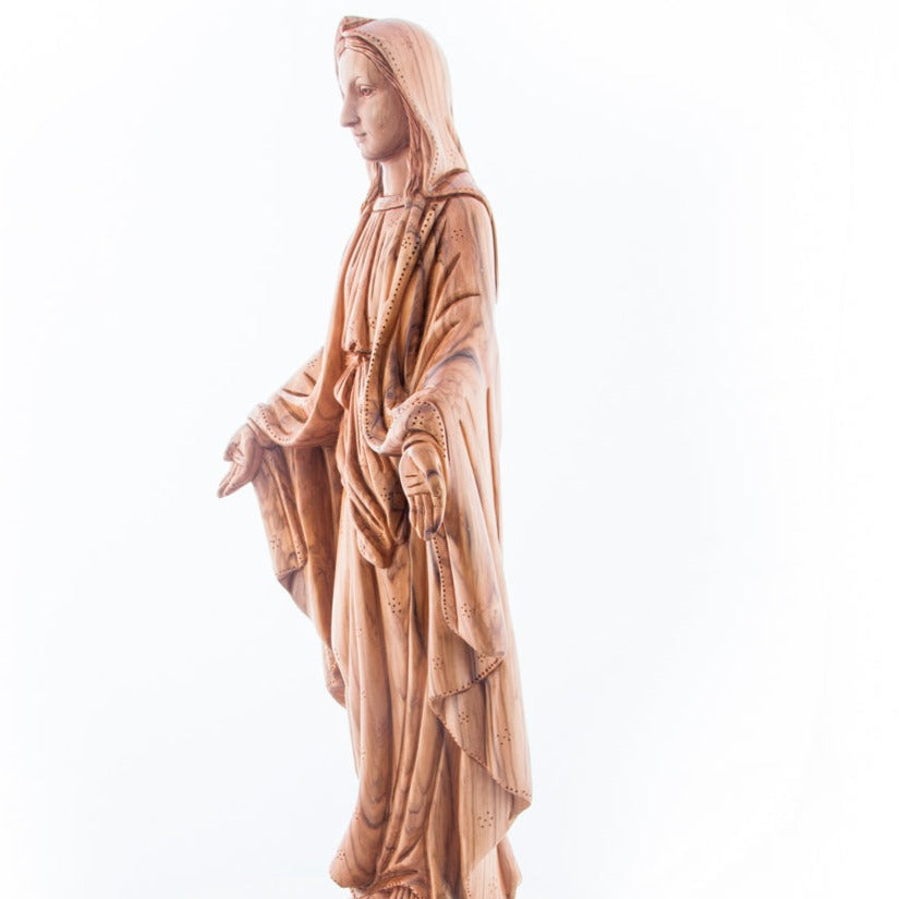 Our Lady olive wood statue from Bethlehem hand carved, 22.8 inch side view detail of the carved drapery