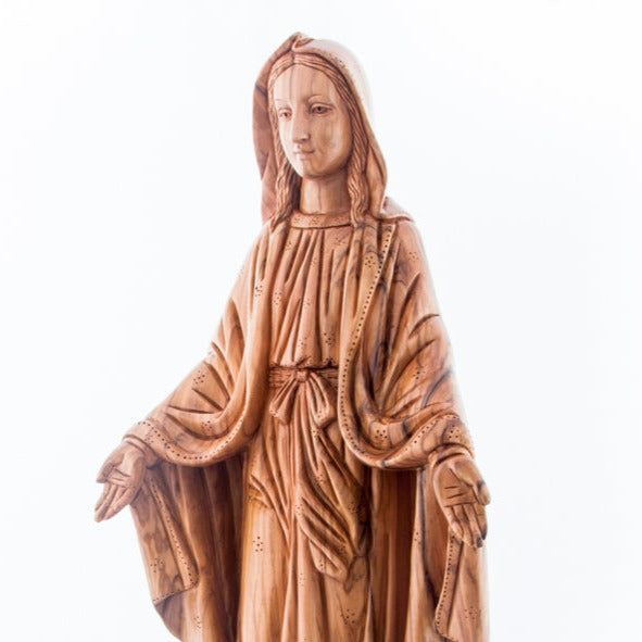 Our Lady olive wood statue from Bethlehem hand carved, 22.8 inch lifestyle photo on display