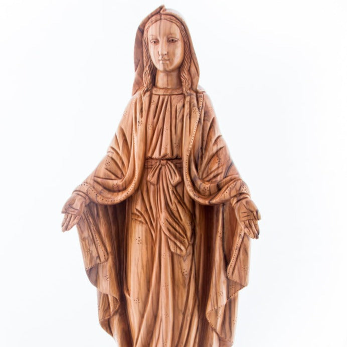 Our Lady olive wood statue from Bethlehem hand carved, 22.8 inch detail of the carved base