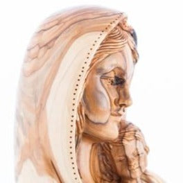 Virgin Mary olive wood statue from Bethlehem hand carved, 7.5 inch three quarter view of the religious piece