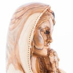 Virgin Mary olive wood statue from Bethlehem hand carved, 7.5 inch three quarter view of the religious piece
