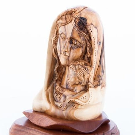 Virgin Mary olive wood statue from Bethlehem hand carved, 7.5 inch close detail of the hand carved work