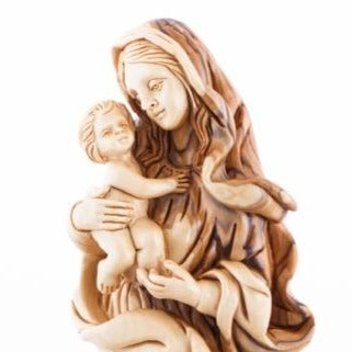 Olive Wood Virgin Mary with the Holy Child and a Wooden Base - Statuettes - Bethlehem Handicrafts