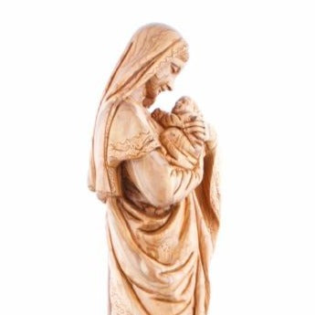 Virgin Mary olive wood statue from Bethlehem hand carved, 24.8 inch close up showing the olive wood grain