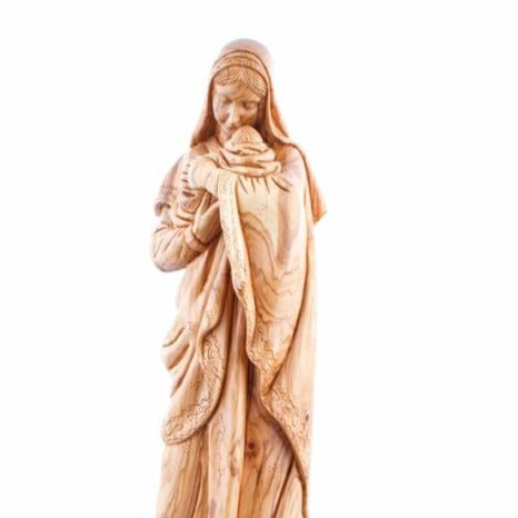 Virgin Mary olive wood statue from Bethlehem hand carved, 24.8 inch top angle showing detail of the craftsmanship