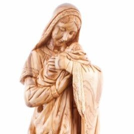 Virgin Mary olive wood statue from Bethlehem hand carved, 24.8 inch opposite side angle of the religious sculpture
