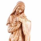 Virgin Mary olive wood statue from Bethlehem hand carved, 24.8 inch opposite side angle of the religious sculpture