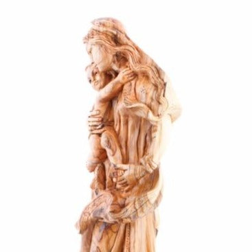 Virgin Mary olive wood statue from Bethlehem hand carved, 20.5 inch close up showing the olive wood grain
