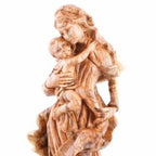 Virgin Mary olive wood statue from Bethlehem hand carved, 20.5 inch opposite side angle of the religious sculpture